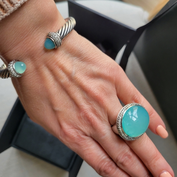 David Yurman aqua chalcedony and pave diamond ring with matching bangle - Picture 9 of 13